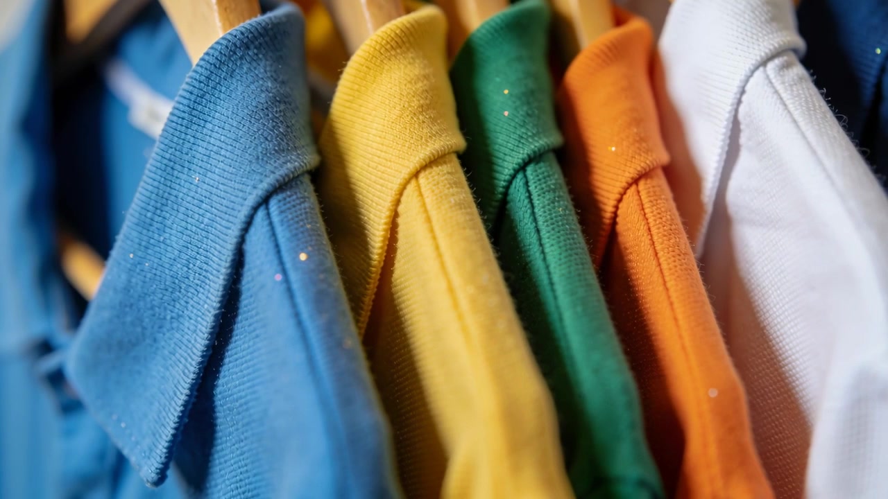 Shifting lens moving focus to middle yellow green orange shirts on wardrobe rack, revealing specks