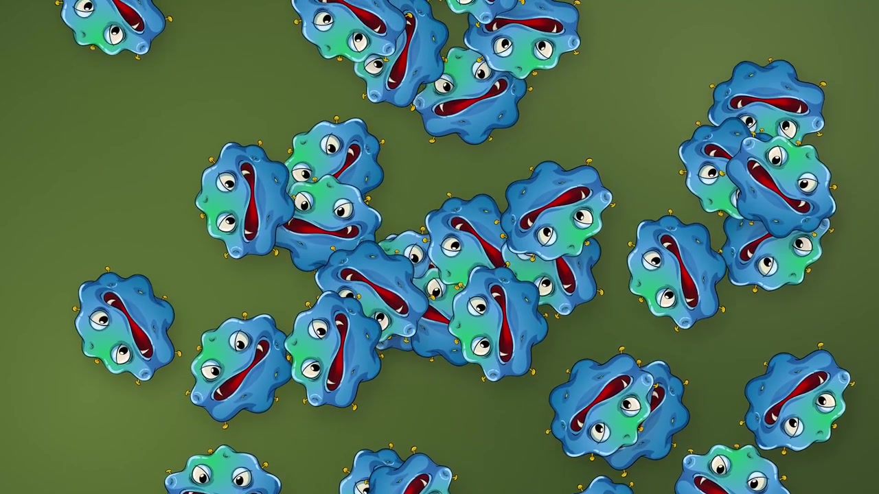 Blue and green cartoon bacteria characters fall and bounce against a textured green background.