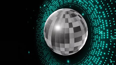 animation of retro disco mirror ball and glowing blue light on black background