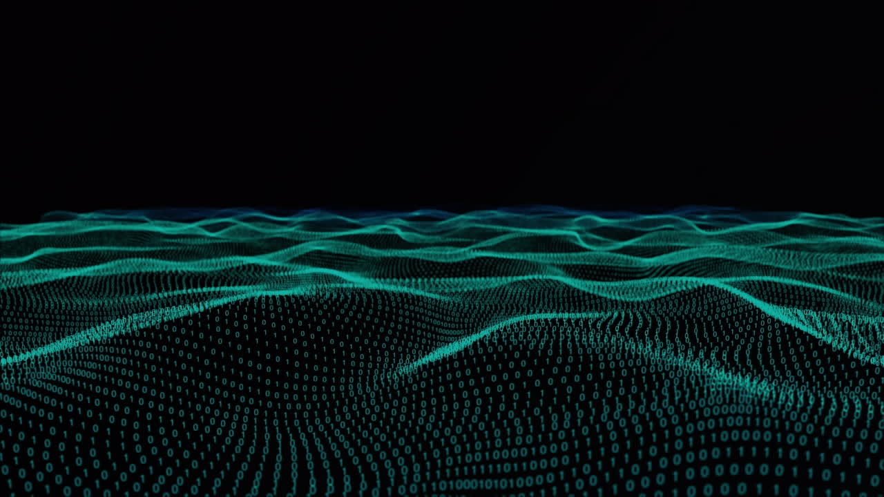 Animation of binary coding over green digital waves against black background