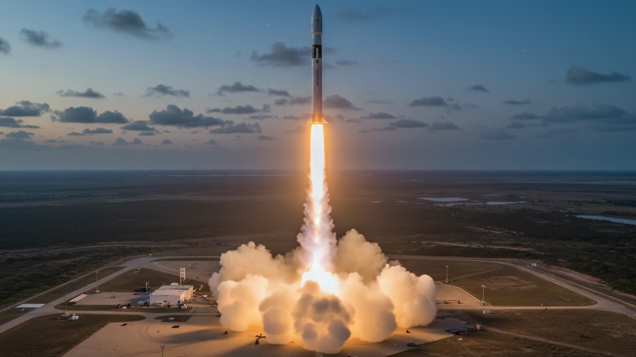 A Rocket Launch at Dusk: A Spectacular Display of Technology and Human Ingenuity as the Rocket Ascends into the Sky, Leaving a Trail of Fire and Smoke Behind
