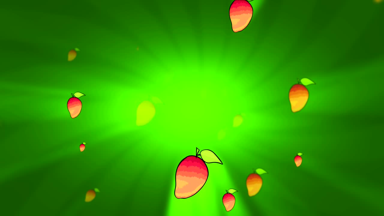 fruta de mango tropical moviéndose suavemente desde el fondo verde giratorio. animación sin costuras en 3d.