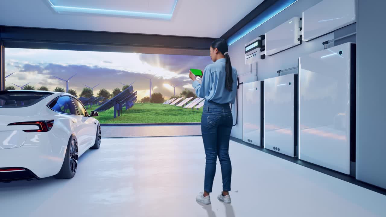 Full Body Back View Of Asian Female With Green Screen Smartphone With Home Energy Storage System In a Modern Garage, Industrial Facility