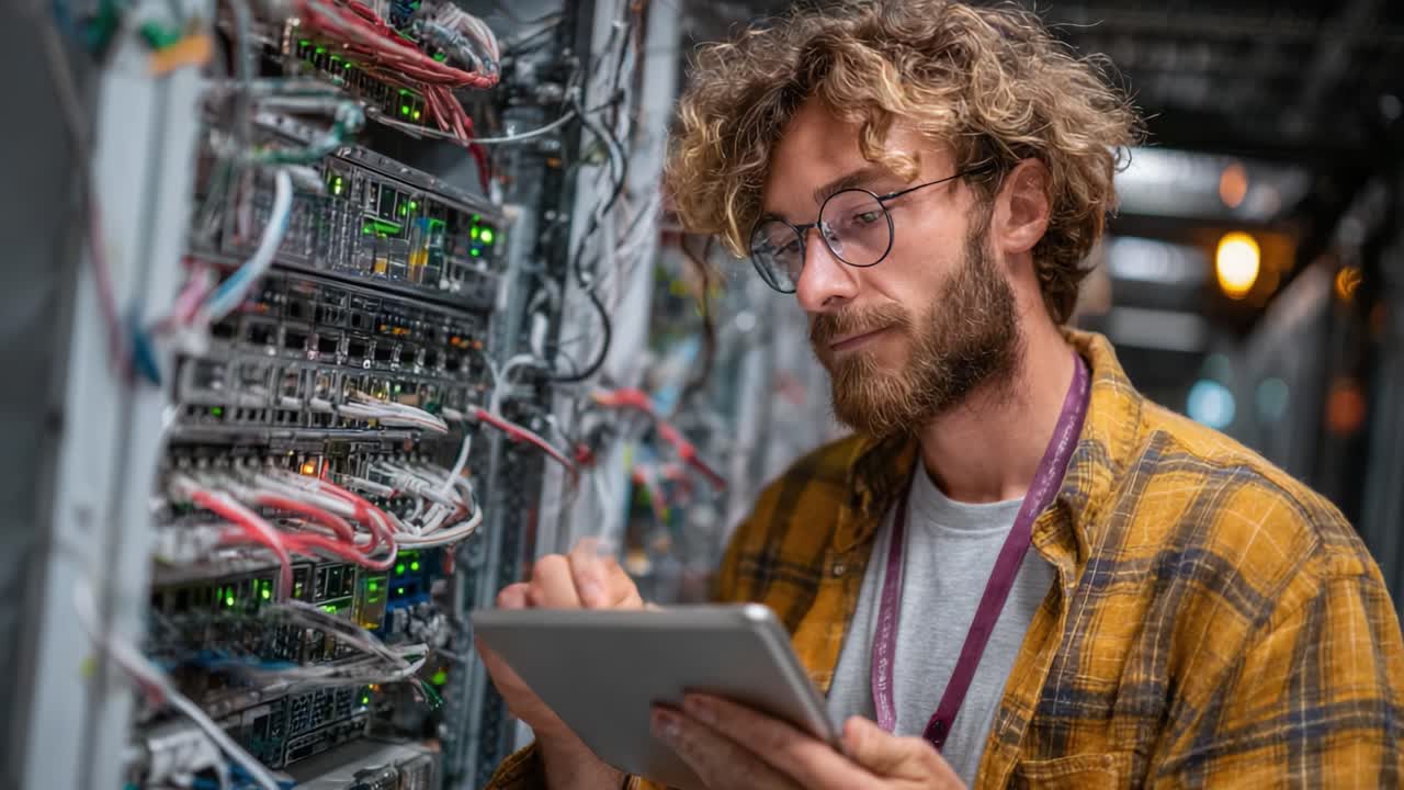 A focused technician examines data on a tablet while standing in front of a server rack filled with complex networking equipment and colorful cables, showcasing modern technology in action