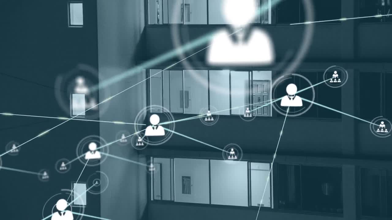 현대적인 사무실 건물 위의 데이터 처리의 애니메이션