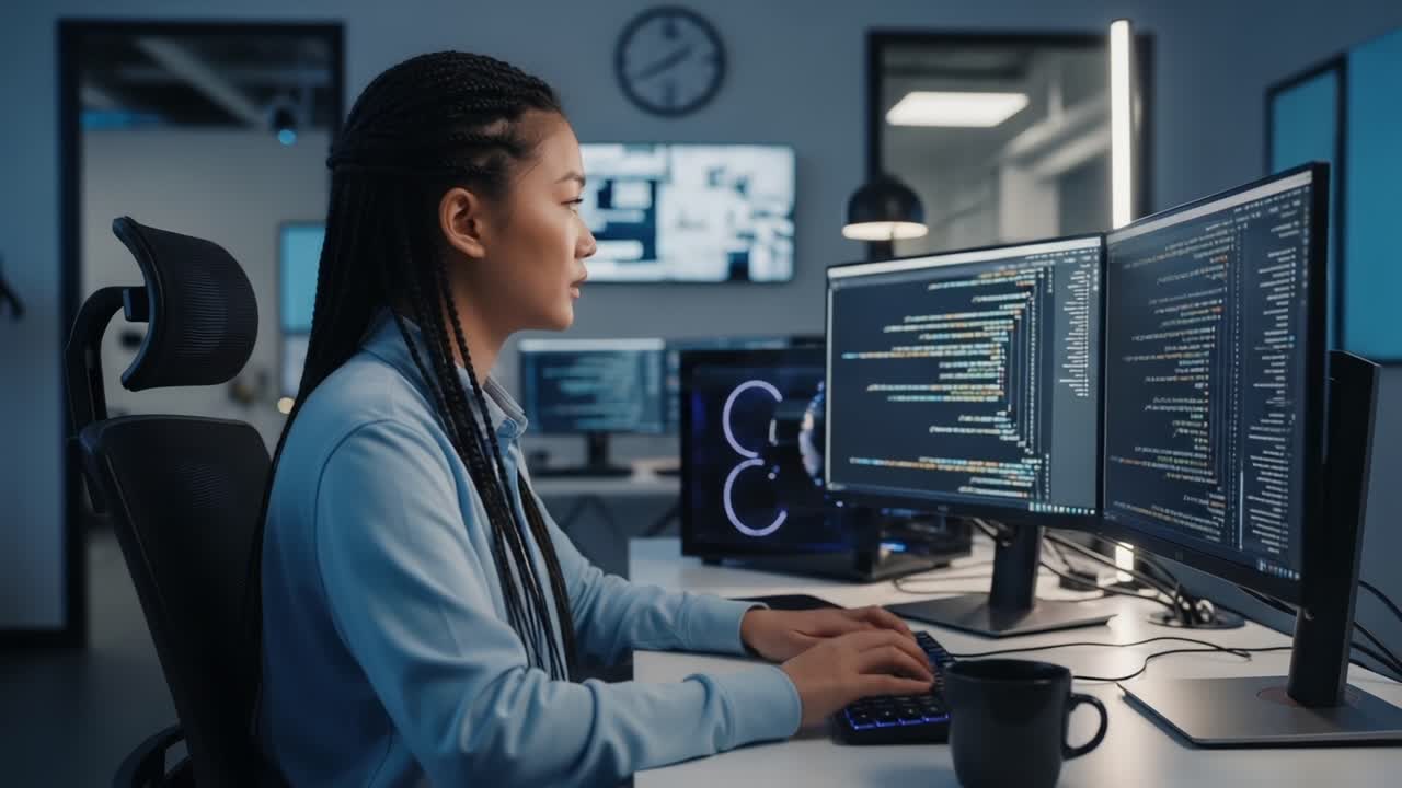 Focused Programmer Working Late at Night on Complex Code in Modern Office Environment Surrounded by Multiple High-Tech Monitors and Essential Digital Tools