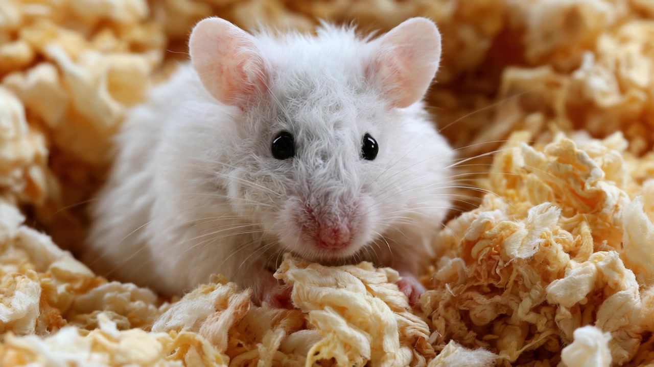 Adorabile criceto bianco accoccolato in una morbida lettiera, mostrando la sua curiosità e giocosità in un ambiente habitat caldo e accogliente.