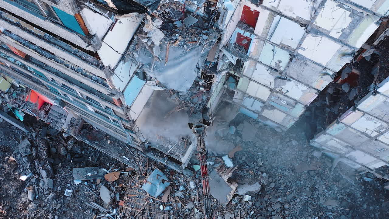 Drone view destroyed nature collapse. Outdoor ruined construction.