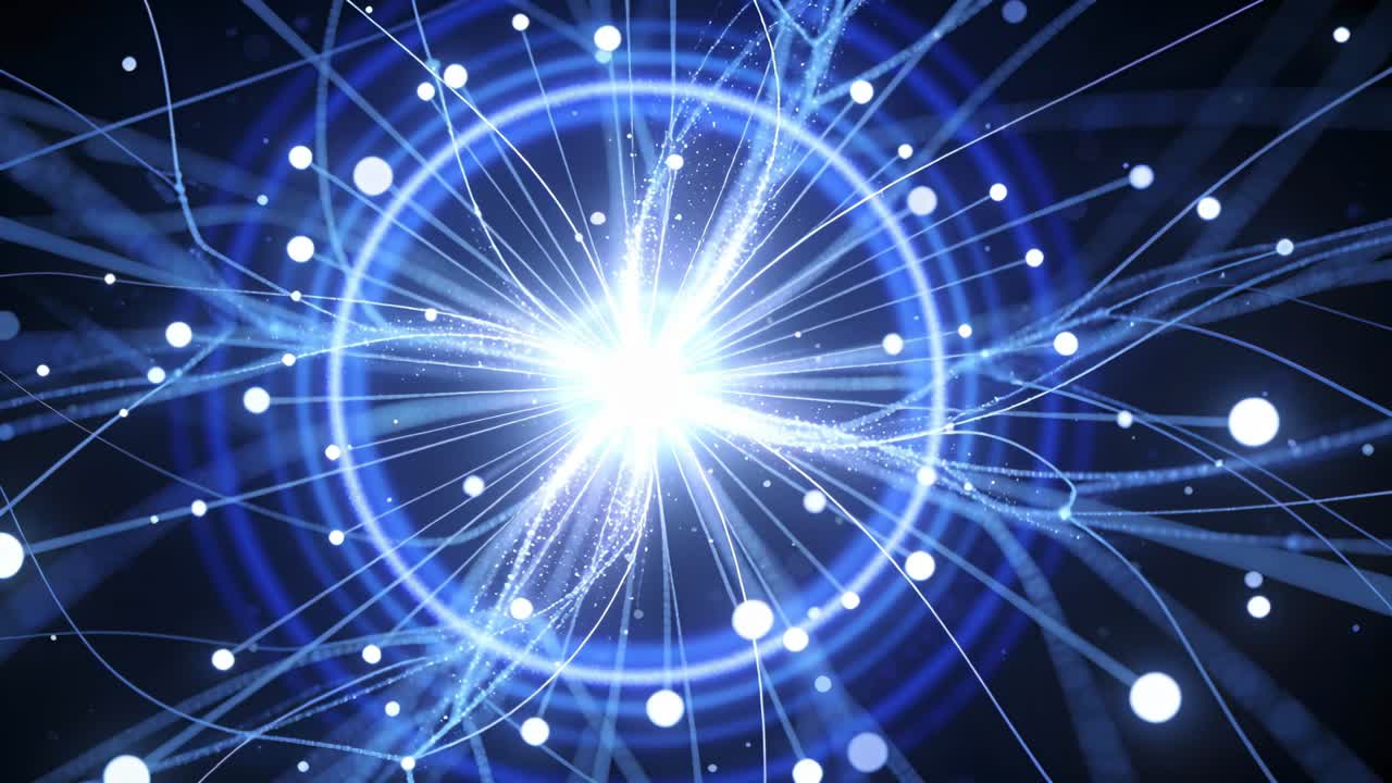 Pulsing blue-white core responding to flare and emitting ring, filaments, orbiting nodes in space