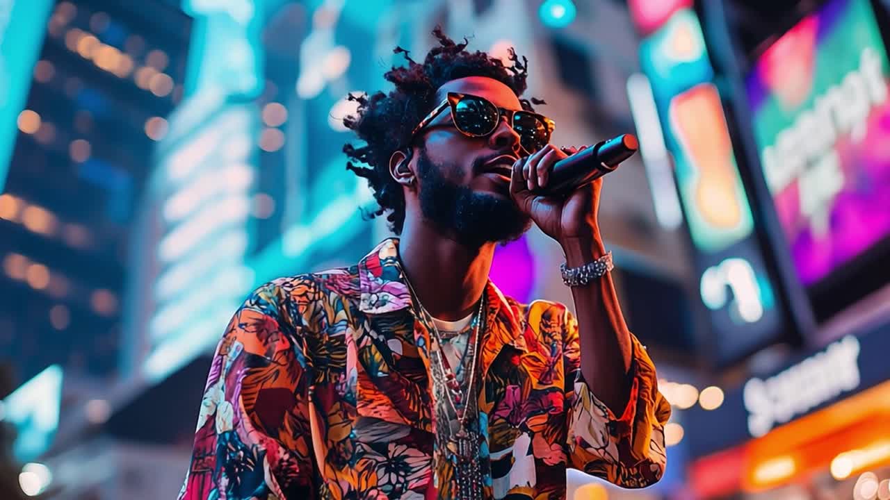 A singer performing in a city