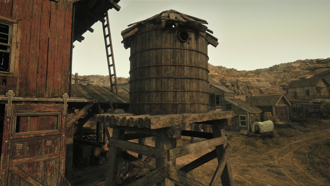 una ciudad occidental desierta con una torre de agua