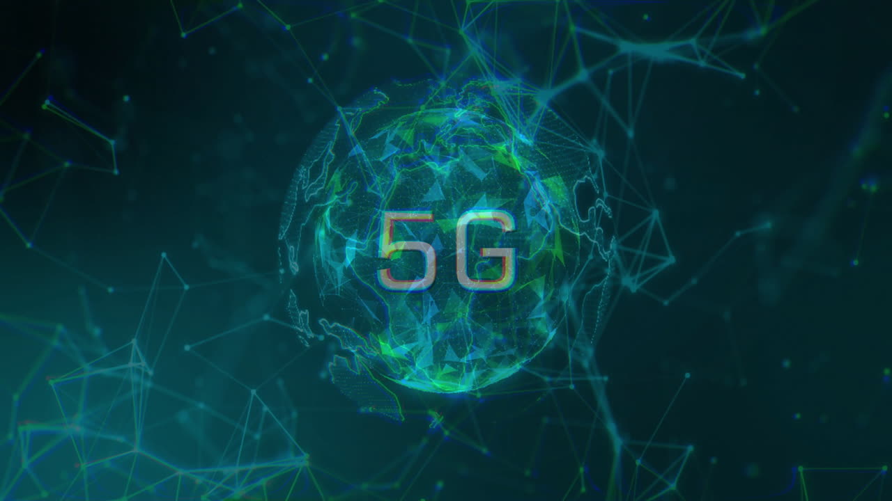 animazione di reti di connessioni su testo e globo 5g