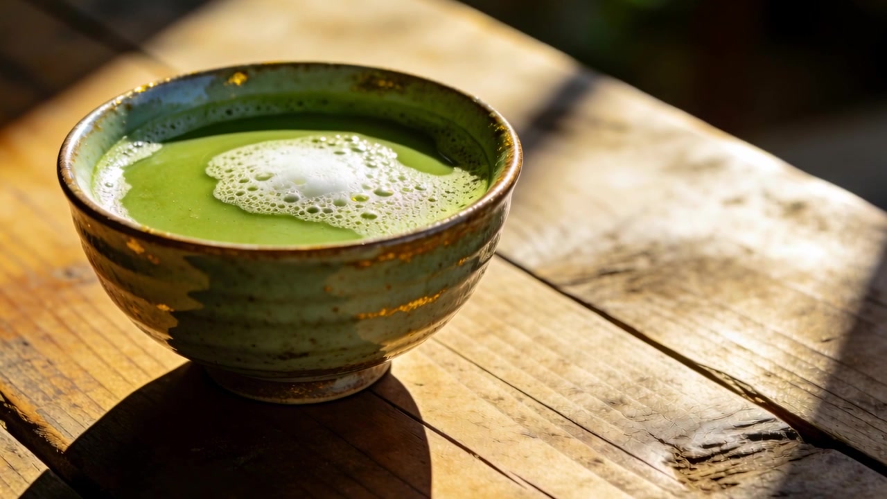 A luz do sol se intensificando, a câmera se aproximando lentamente de uma tigela de matcha sobre uma mesa de madeira, revelando uma mancha de espuma.