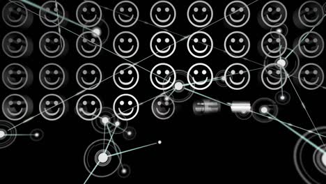 animación digital de filas de emojis de caras sonrientes contra una red de conexiones en fondo negro