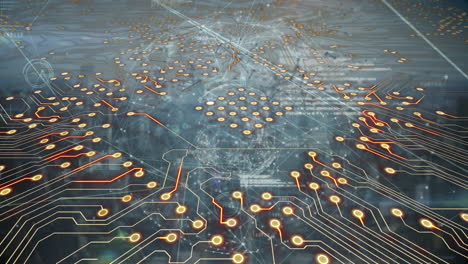 Animation of computer circuit board with globe and data processing over cityscape