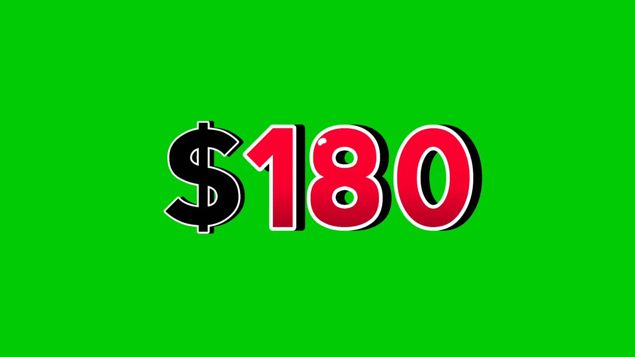 Animation number $180 dollar sign motion graphics with smoke effect green screen background vibrant red numbers. Video 3D effect with shadows for video elements business concept