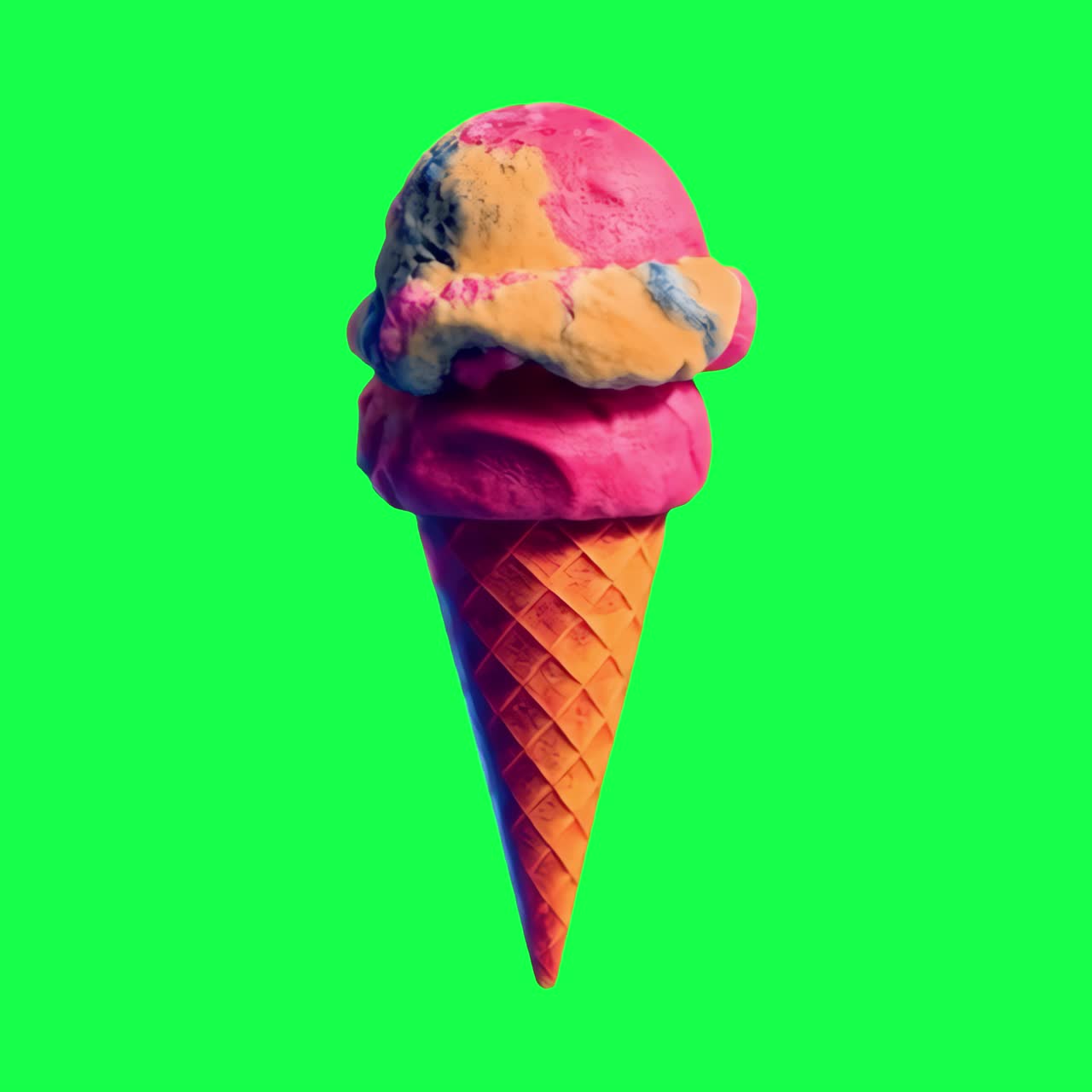 Animazione deliziosa di cono gelato colorato, video 4K trasparente, schermo verde.