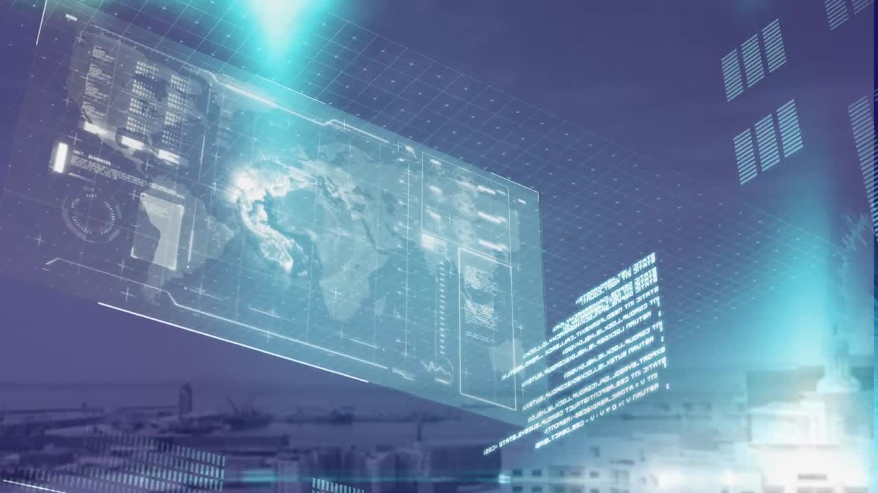 세계 지도, 지구의 애니메이션, 도시에 대한 디지털 인터페이스에 빛  ⁇ 으로 데이터 처리