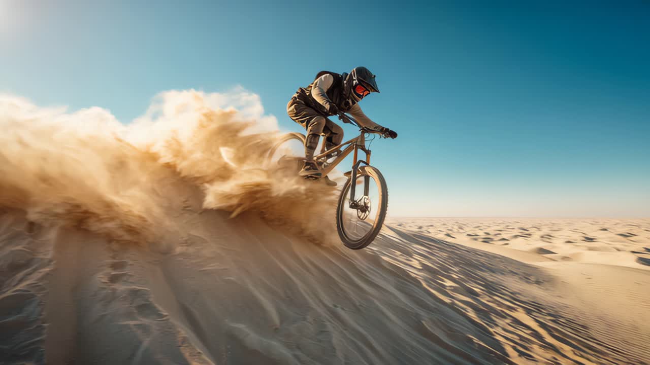 Sand dune bike ride thrilling descend with biking enthusiast