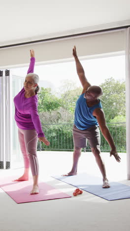 vertical video of happy diverse senior couple practicing yoga exercising together indoors