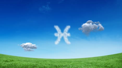 animation of pisces star zodiac sign formed with white clouds on blue sky over meadow