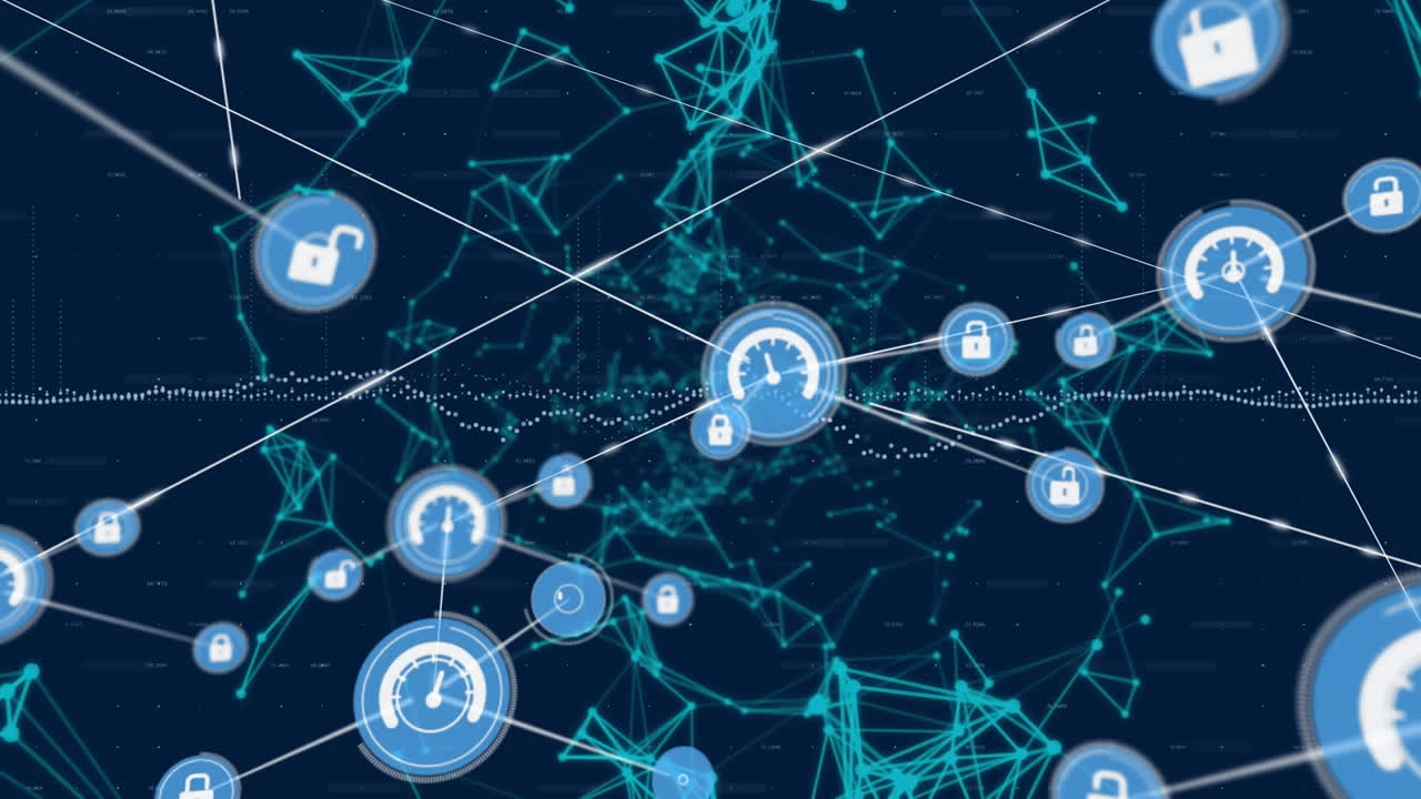Animation of network of connections with icons on blue background