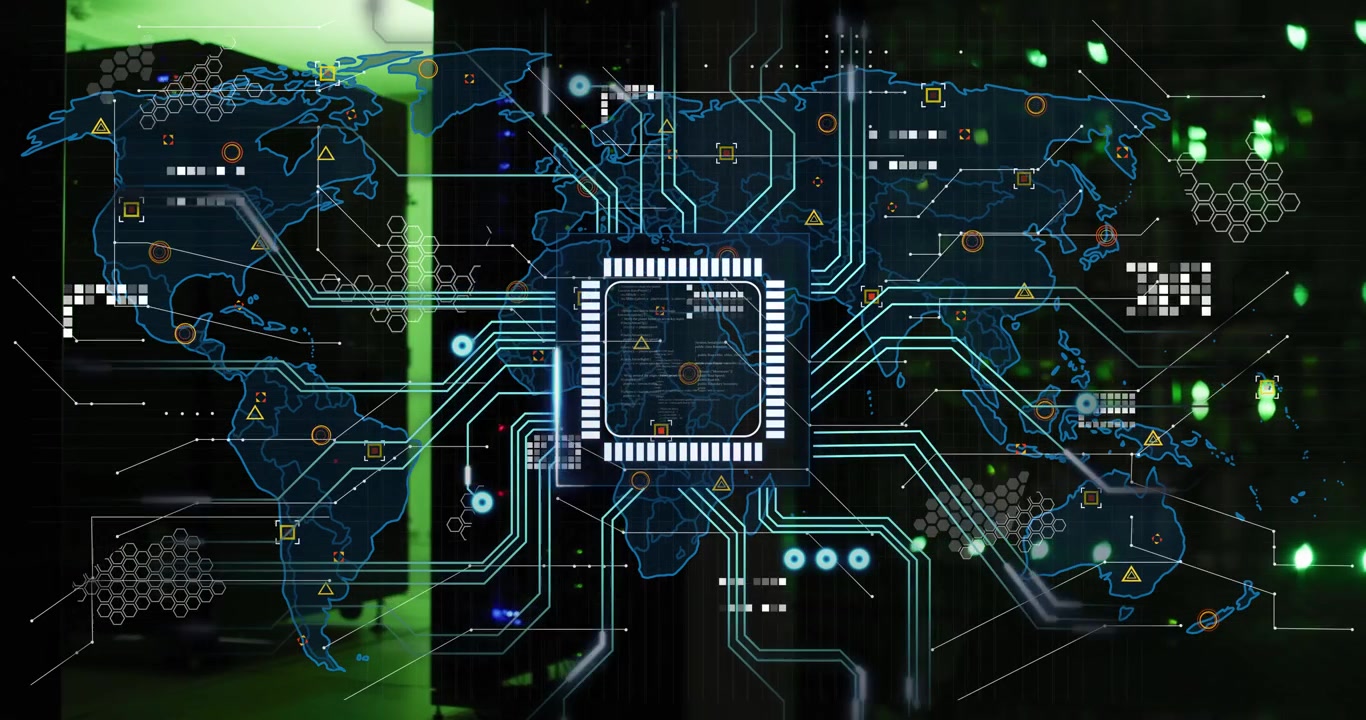 Central microchip HUD projecting world map traces over server room through glass with LEDs pulsing