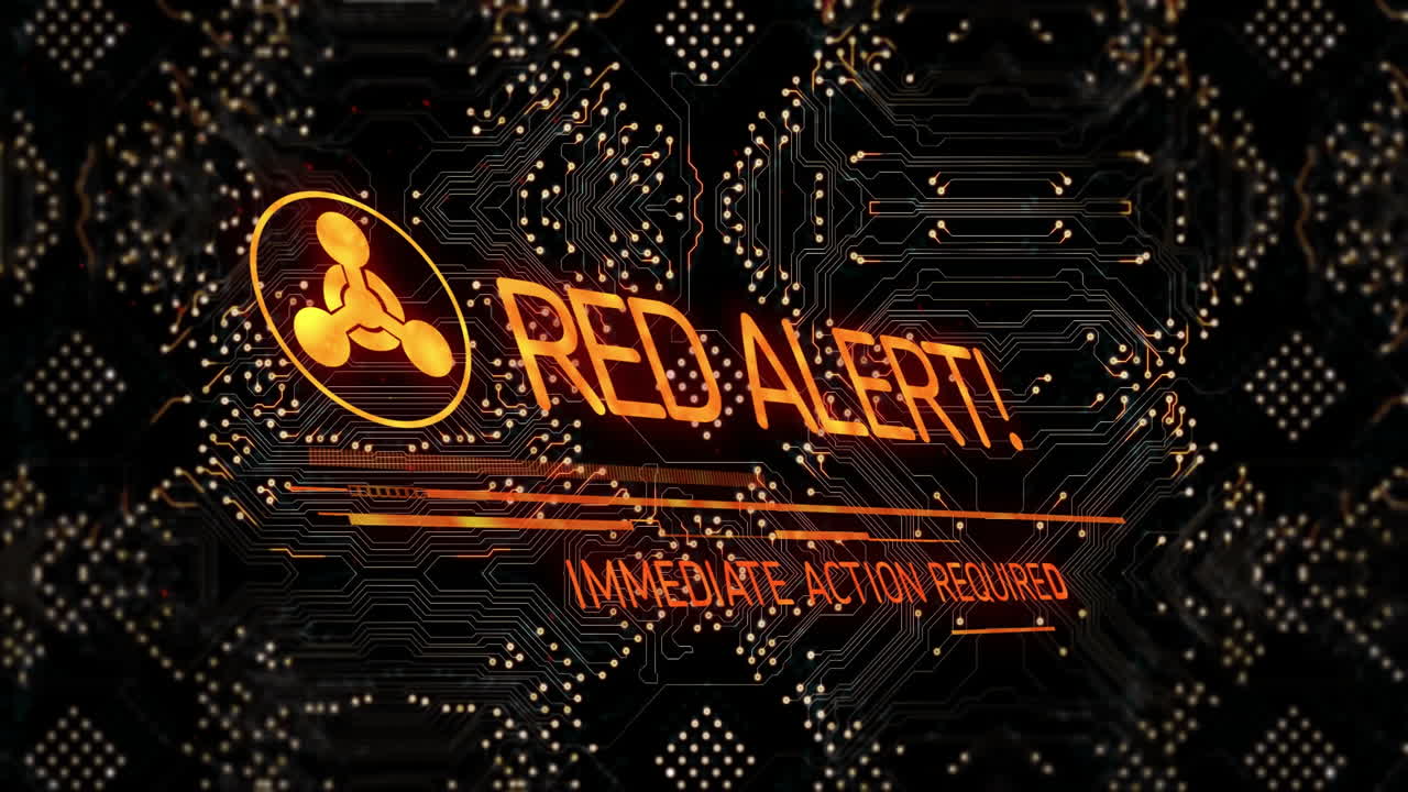 Red alert animation flashing over digital circuit board, immediate action required