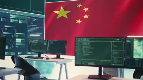 governmental cyber operations room with chinese flag on big screen