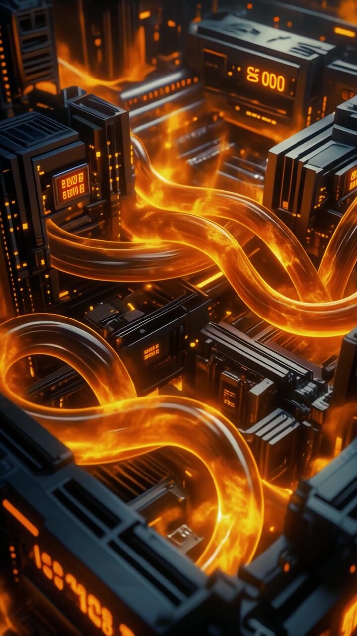 Hardware Informatico Futuristico con Cavi Dati Arancioni Luminosi