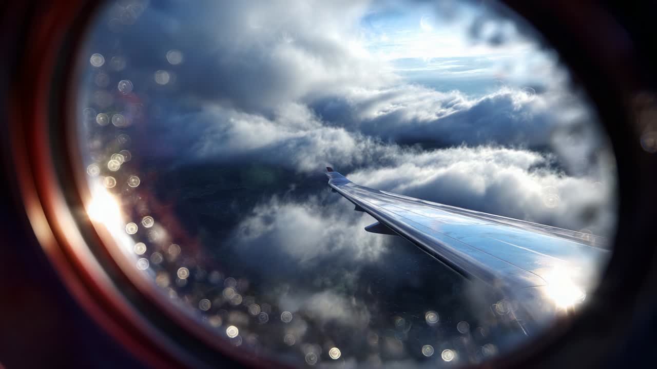 A Serene View from Inside an Airplane: Capturing the Graceful Beauty of Clouds and Sky at High Altitude through a Rain-Dropped Window on a Journey Above the World
