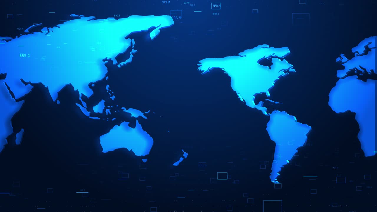 Abstract world map floating data numbers squares digital interface elements global technology