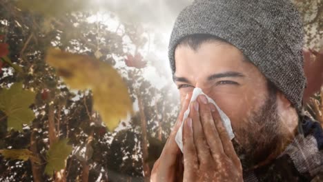 Falling-autumn-leaves-and-man-sneezing-while-suffering-from-allergy-4k