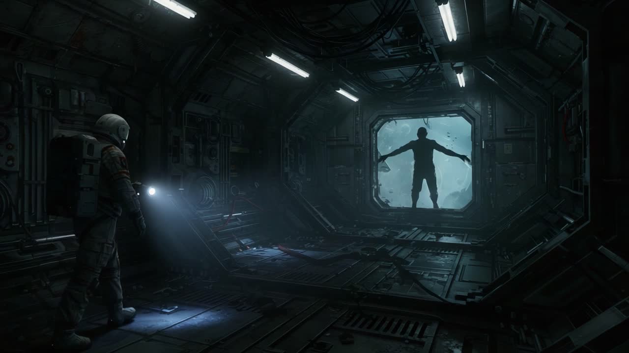A tense encounter unfolds in a dimly lit spacecraft corridor, where an astronaut confronts an eerie silhouette beyond a porthole, evoking tension and uncertainty in a sci-fi thriller setting