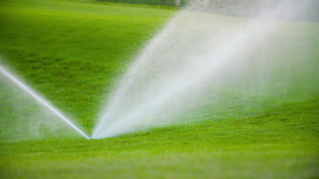 Medium Shot Of Grass Sprinkler Splashes Water Over The Lawn 5