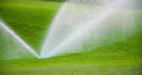 tiro medio de aspersor de hierba salpica agua sobre el césped 5