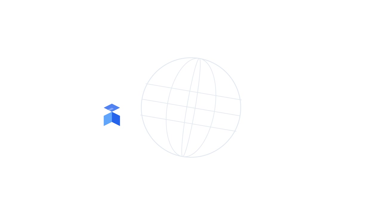Icona geometrica blu che orbita attorno a un globo wireframe