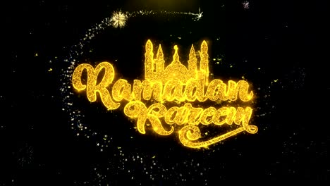 ramadan kareem text wish on gold particles fireworks display.