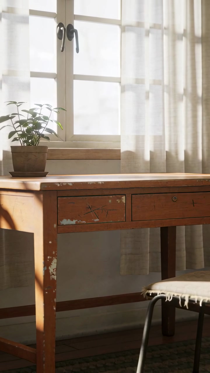 Vertical video: Pulling back camera revealing worn wooden desk at home, showing plant and sunlight
