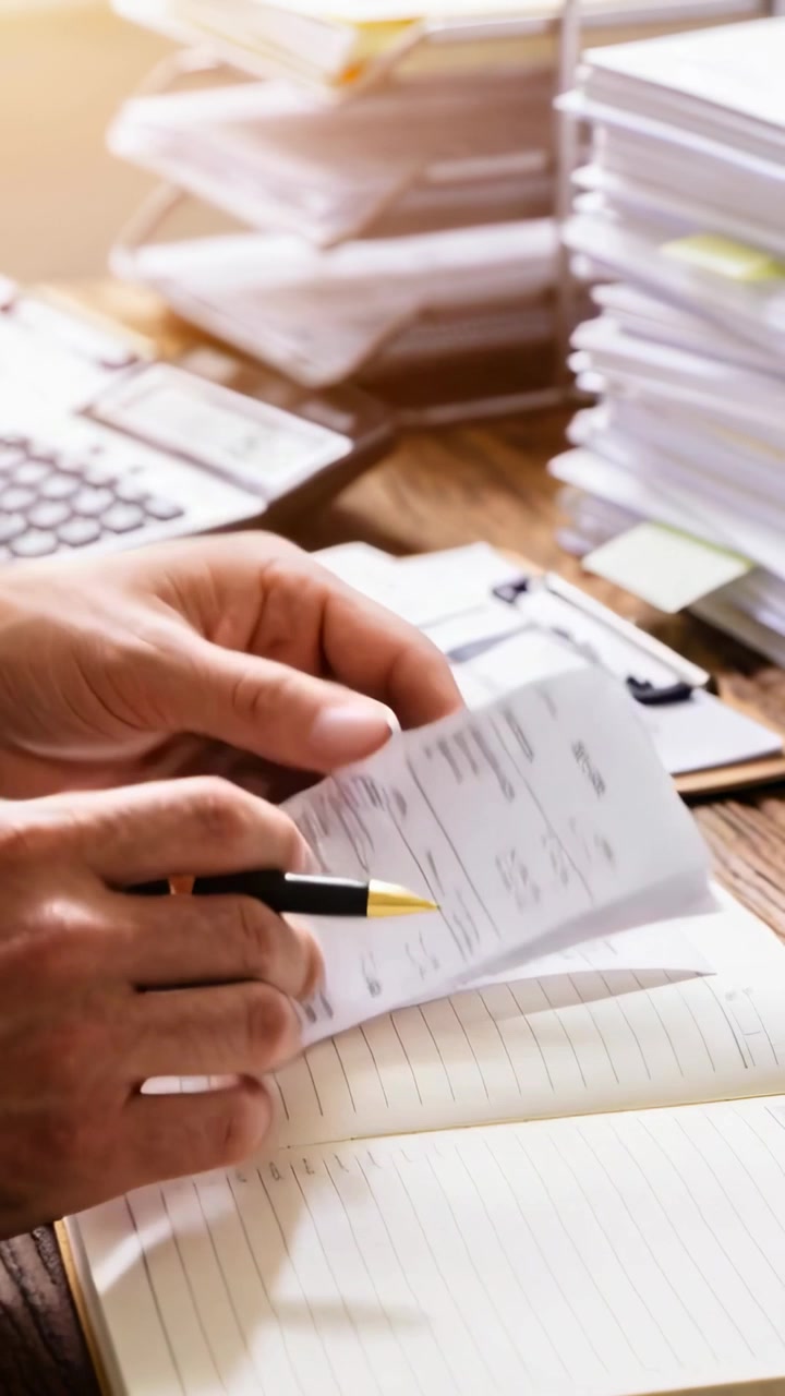 Vertical video: Sorting worker's hands arranging receipts at desk, light cuff, ledger pen