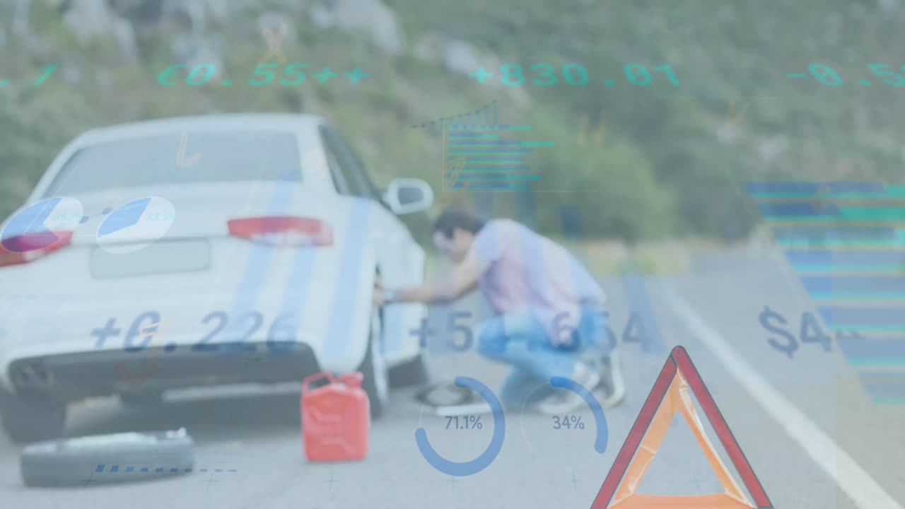 카우카시안 남자가 차에서 바를 바꾸는 데이터 처리의 애니메이션