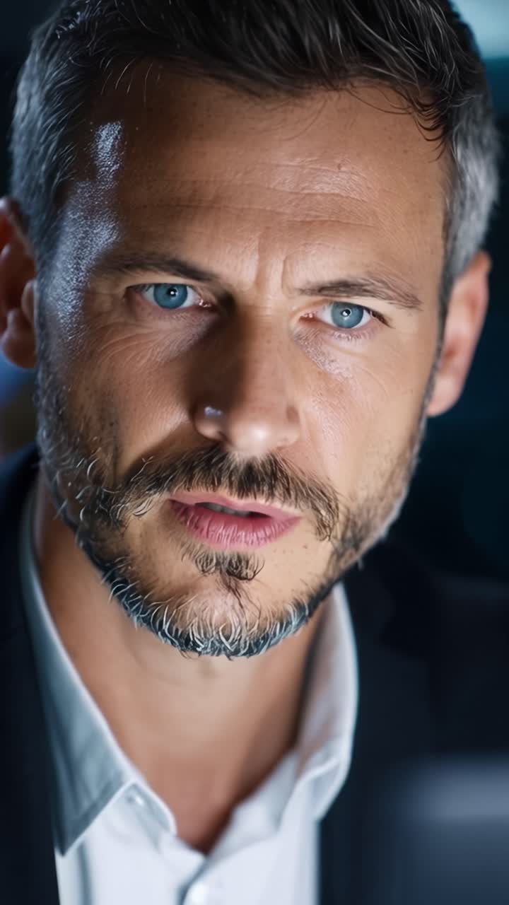 Primo piano intenso di un uomo con occhi blu penetranti e un'espressione concentrata in un ambiente professionale, che cattura emozione e determinazione in ogni fotogramma