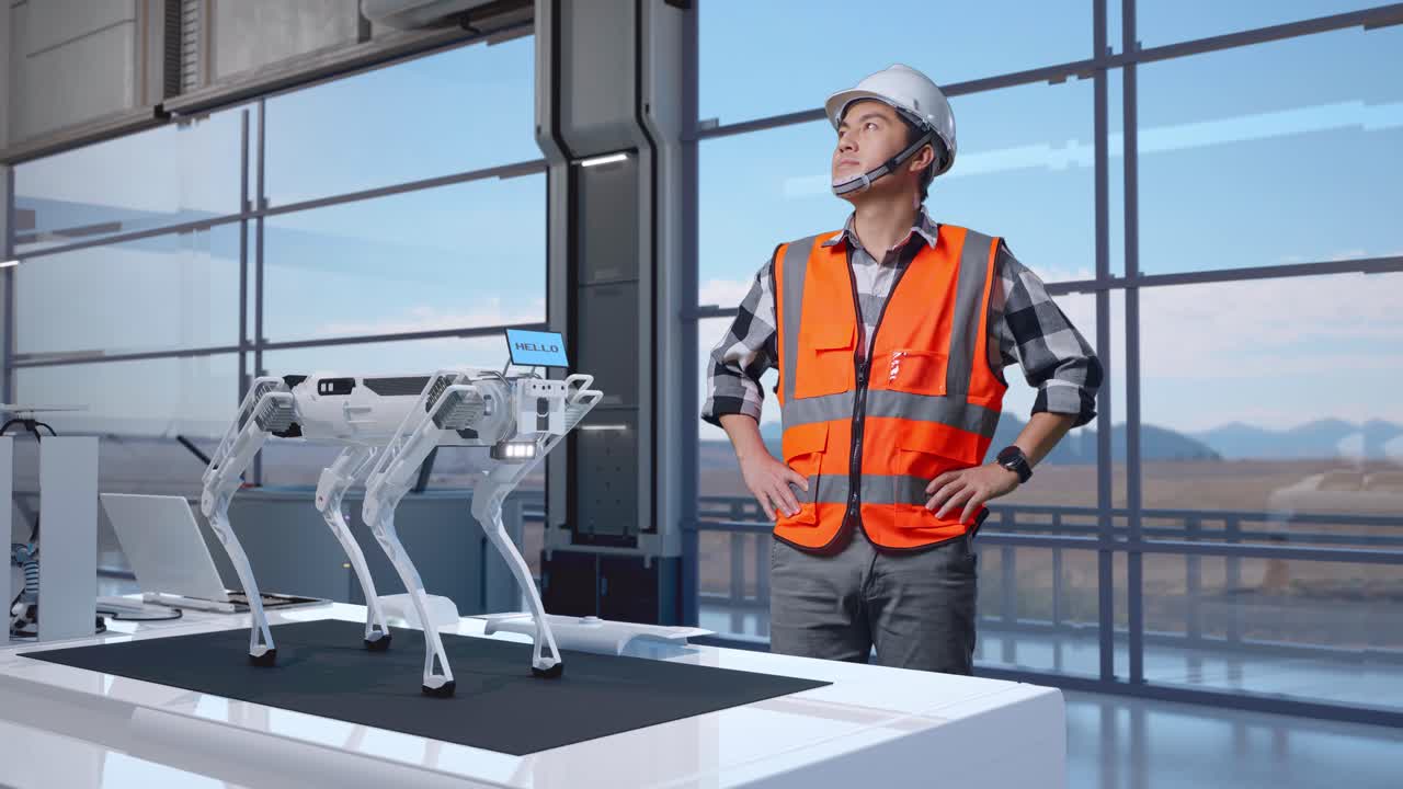 cuerpo lleno de ingeniero masculino asiático con casco de seguridad en fábrica de alta tecnología, analizando concepto de máquina robótica. de pie con los brazos akimbo mirando a su alrededor, comprobando