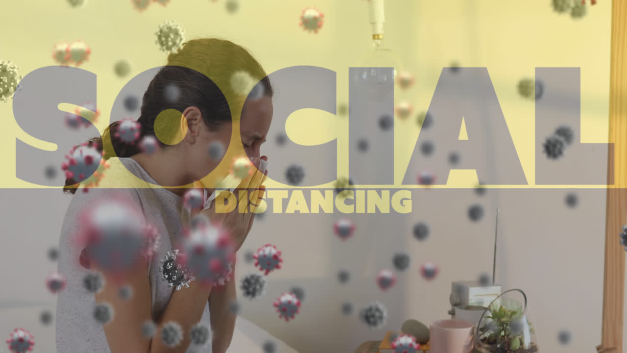 células de covid-19 y texto de distanciamiento social contra el estornudo del paciente en el hospital