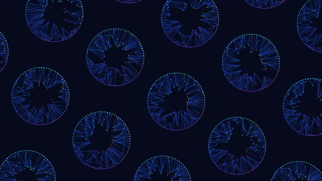 Digital seamless circles pattern with neon dots on black gradient
