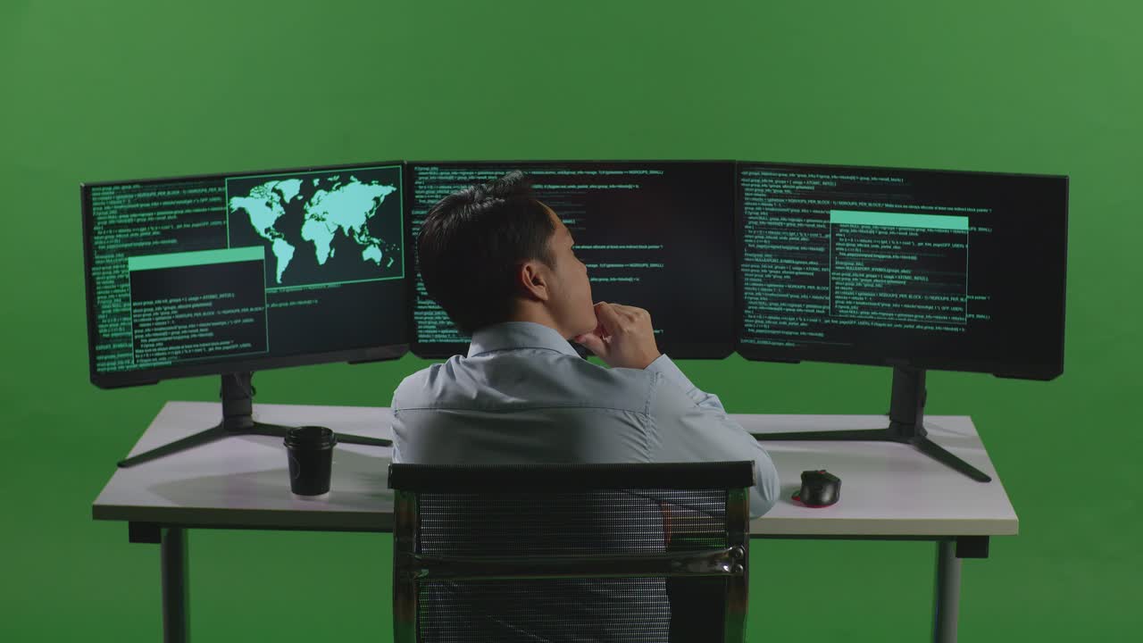 Back View Of Asian Man Developer Thinking About Something While Write Code With Multiple Computer Screens In Green Screen Studio