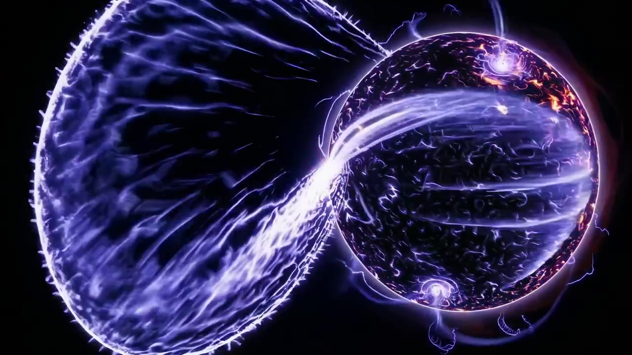 Animazione astratta di una stella pulsante con brillamenti solari e campi di energia