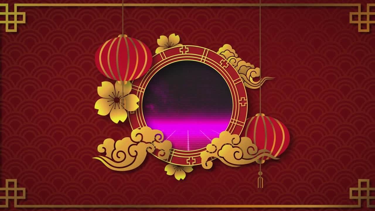 animación de lámparas rojas y doradas sobre el paisaje digital