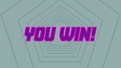 animation of you win text banner over pentagon shapes in seamless pattern against grey background