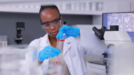 medical, scientist and vials with black woman